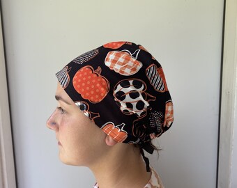 Pumpkins Surgical Scrub Hat, Fall Pumpkin fabric Scrub cap, One Size Unisex Accent Halloween Fabric Scrub Hat Ties in Back Adjustable Scrubs