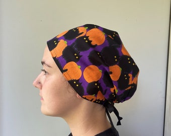 Black Cats and Pumpkins Surgical Scrub Hat, One Size Unisex Black Cats Accent Halloween Fabric Scrub Hat Ties in Back Adjustable Scrubs