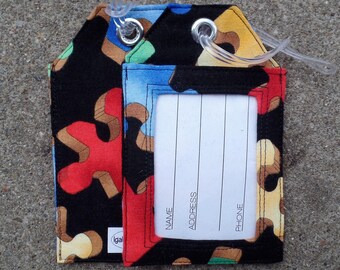 Autism Fabric Large Puzzle Pieces Fabric Primary Color Puzzles Identification Bag and Gift Tags for your Gear.