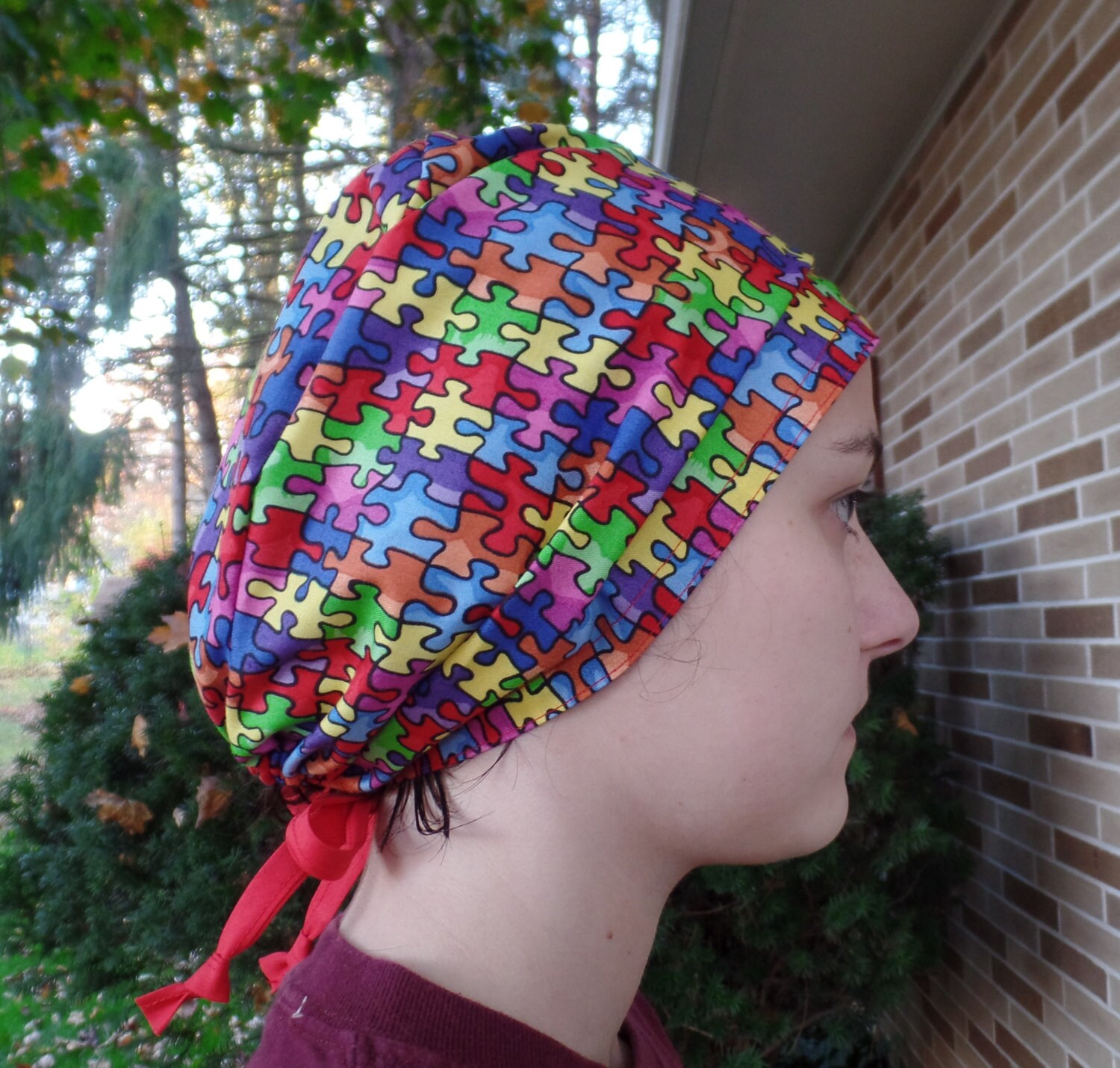 Autism Puzzles Fabric Surgical Scrub Hat One Size Fits All, Puzzle Pieces Surgical Face Mask