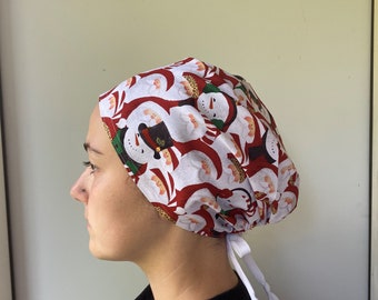 Christmas Snowmen and Santa Scrub Hat, Santa and Snowmen Fabric Scrubs, One size fits all Adjustable Tie in Back