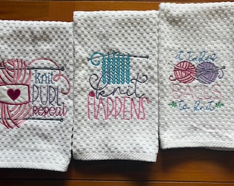 Embroidered Knitting towel, Knitting gift, Knitting enthusiast present, hand towel with knitting designs