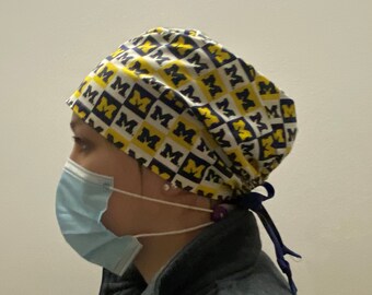 Scrub Hat made from University of MIchigan Wolverines Fabric Surgical Scrub Cap MIchigan Wolverines One Size Fits All Adjustable Ties Back