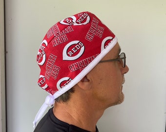 Scrub Hat made from Cincinnati Reds Fabric, MLB Cincinnati Reds Surgeon style Scrub Hat Unisex One Size Fits All With Adjustable Tie in back