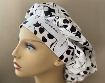 Monogammed Rooster and Cow Fabric Bouffant Cap, Cow and Rooster fabric Bouffant Scrub Head, Cow Bouffant Scrub Cap Food Worker Hat Bouffant