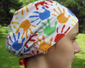 Pediatric Surgical Scrub Hat, Primary Color Child Handprints Scrub Cap, Pediatrics One Size Fits All Unisex Ties in back Scrub Hat