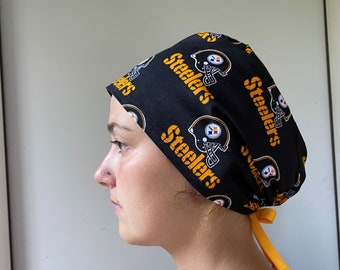 Scrub Hat made from Pittsburgh Steelers NFL Football Fabric Surgical Scrub One Size Fits All Steelers Adjustable Scrub Hat Ties in Back