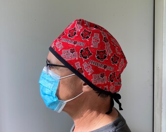 Surgeon Scrub Hat made with Arkansas State Fabric, Arkansas Red Wolves Surgeon Style Scrub Cap, Red Wolves Unisex One Size Tie in Back