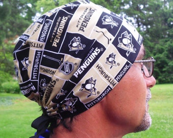 Scrub Hat made from NHL Pittsburgh Penguins Fabric, Pitt Penguins Badge Reel, Surgical Scrub Hat, One Size Fits All Adjustable Tie in Back