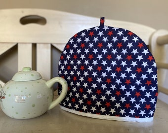 Patriotic Tea Cozy, Blue background with White and Red Stars Teapot Cozy,  Americana Teapot Warmer, Summer Teapot Cozy, Teapot Cozy