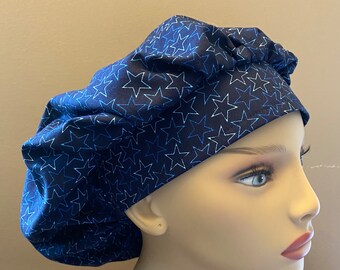 Monogrammed White stars on Navy Blue Bouffant Scrub Cap, Patriotic Americana Bouffant Hat, Surgical Scrub Cap or Food Worker Hat