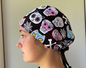 Monogrammed Sugar Kitten Skulls scrub, Sugar Skulls Fabric Scrub, Kitten Skeletons Scrub,One Size Fits All Surgical Scrub Cap Adjustable tie