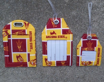 Luggage Tags made from Arizona State University Sun Devils Burgundy and Gold Fabric Luggage Bag Tags Work Identification Badge Protectors