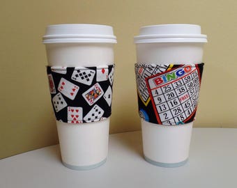 Playing Cards Fabric Coffee Cozy,Bingo Fabric Badge Reel,Bingo Badge Reel,Bingo Fabric Cozy ,Bingo Coffee Cup Bingo Card Cozy