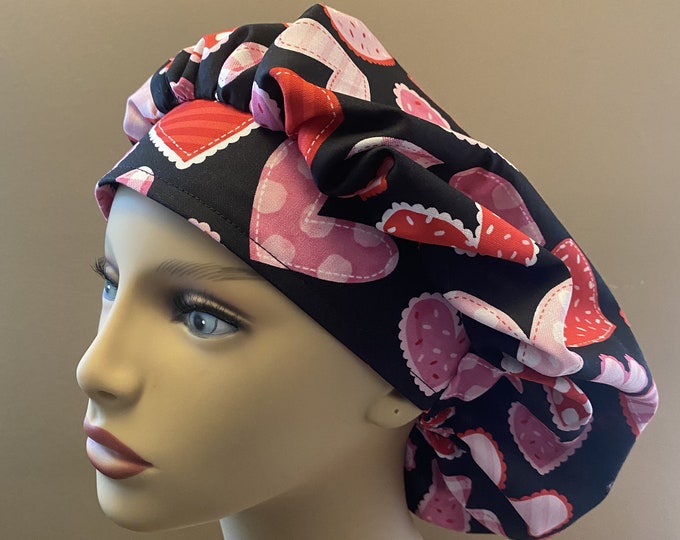 Featured listing image: Valentine Hearts Bouffant Scrub, Valentne Fabric Bouffant Cap, Monogrammed Scrub Pink Hearts Surgical Scrub Cap, Food Worker Valentine Hat