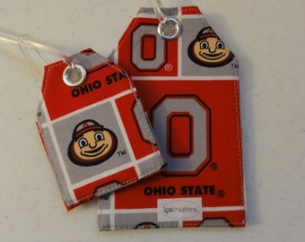 Luggage Tags made from The Ohio State University OSU Buckeyes Fabric with Brutus Buckeye Fabric Name Identification Bag and Gift Tags