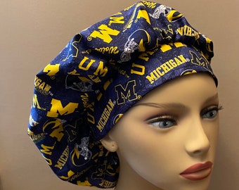 Monogrammed Bouffant Scrub Hat made from University Michigan Wolverines Fabric, Michigan Wolverines Badge Reel, Monogrammed Food Worker Hat