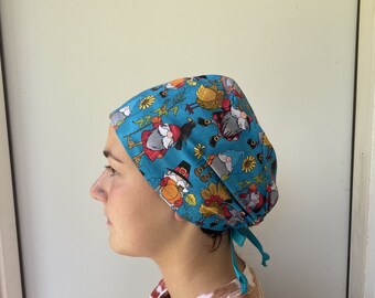 Turkey and Pilgrim Scrub cap, Gnomes Fabric featuring Thanksgiving Surgical Scrub Cap Size Fits All Adjustable Ties in back