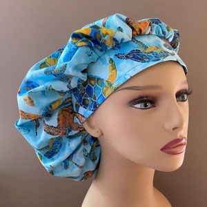 Monogrammed Sea Turtles Bouffant Scrub Cap, Sea Turtles Fabric Cap, Blue Turtles Fabric Design Bouffant Cap, Turtle Food Worker Hat