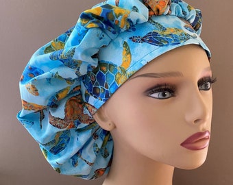 Monogrammed Sea Turtles Bouffant Scrub Cap, Sea Turtles Fabric Cap, Blue Turtles Fabric Design Bouffant Cap, Turtle Food Worker Hat
