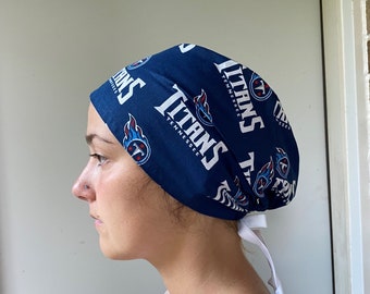Unisex Scrub Hat made from Tennessee Titans Fabric Tennessee Titans Hat Surgical Scrub Hat One Size Fits All Adjustable Ties in back