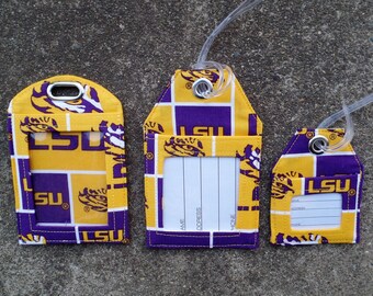 LSU Luggage Tags, Louisiana State University Tigers Fabric LSU Badge Protector/Holder Fabric LSU Name Identification Holder Bag Gift tags