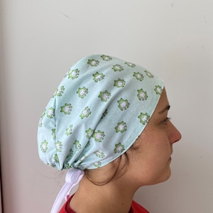 Frog Fabric Scrub Hat, Frog Surgical Scrub Hat Ties in Back Adjustable One Size Fits All, Frog Badge Reel, Frog Fabric Book Mark  Cap,