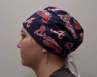 Monogrammed Atlanta Braves MLB Fabric Surgical Scrub Hat, Atlanta Braves Surgical Scrub Hat, Unisex One Size Fits All With Adjustable Tie