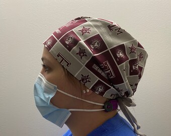 Scrub Hat made from Texas A and M University Fabric, Texas Aggies Surgical Scrub One Size Fits All Adjustable Scrub Hat Ties in Back