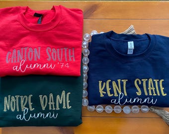 Alumni Crewneck Sweatshirt, Custom Embroidered Alumni gift, Custom Any School or Mascot Sweatshirt, Adult Embroidered AlumniCrewneck