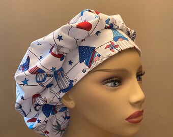 Patriotic Gnomes Bouffant Scrub, Statue of Liberty Gnome Bouffant Scrub Cap, Patriotic Gnome Fabric Surgical Scrub Cap or Food Worker Hat