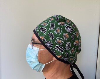 Monogrammed Surgeon Scrub hat made with Ohio University Bobcats Fabric, Ohio Bobcats Surgeon Style Surgical Scrub Hat Unisex One Size