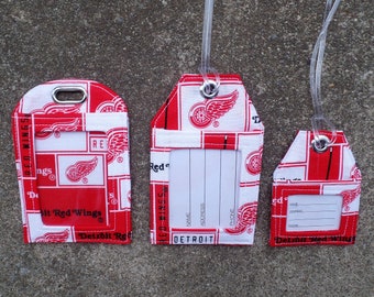 Detroit Red Wings Luggage Tags made from NHL Detroit Red Wings Fabric NHL Fabric Luggage Bag Badge Protector Holder Red Wings Coffee Cozy
