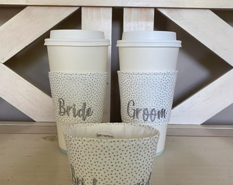 Bride, Groom, Bridesmaid Coffee Cozy Bridal Silver Monogrammed Coffee Cozy,  Bridal Custom Coffee Sleeve,Coffee Cup Holder, iced coffee cozy
