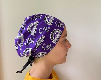 Scrub Hat made from MLB Colorado Rockies Fabric, Surgical Scrub Hat, MLB Scrub Cap, Colorado Rockies Adjustable Scrub cap Ties Back