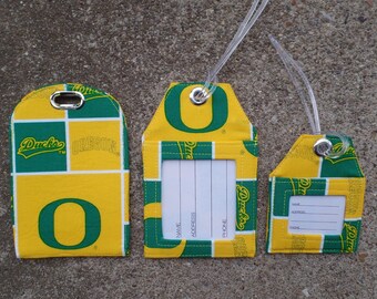 Luggage Tags Made From Oregon University Ducks fabric Ducks Coffee Cozy,Luggage, Suitcase, Roller Board, Bag and IDentification Name Tags