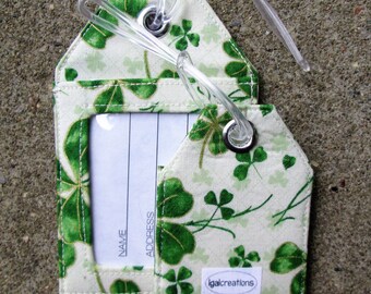 4 Leaf Clover Fabric Luggage Tags,St Patrick Badge Holder,Kelly Green Irish Fabric Luggage Tags,Clover Name Identification Bag and Gift Tags