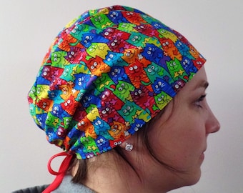 Cats Scrub Hat, Happy Cats Fabric Surgical Scrub Hat, Cat Fabric hat, Scrub Hat, Pets Scrub Hat,Ties in Back Adjustable One Size Fits All