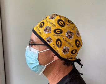 Surgeon Scrub Hat made from Grambling State University, Grambling Tigers Fabric, GSU Surgeon Surgical Scrub Hat Ties in Back
