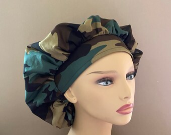 Monogrammed Camouflage Fabric Bouffant Cap, Camouflage Fabric Bouffant Scrub Head, Camouflage Bouffant Scrub Cap Food Worker Hat Bouffant