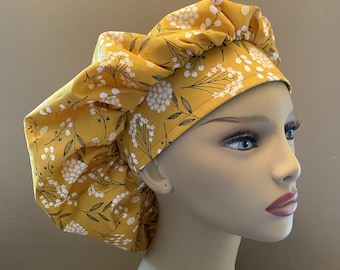 Monogrammed Mustard and White Flowers Scrub Hat, Mustard Seeds Floral Fabric Bouffant Scrub Head, Surgical Scrub Cap or Food Worker Hat