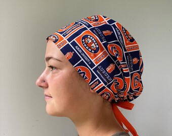 Scrub Hat made with University of Auburn Tigers Fabric,Auburn University Scrub Cap, Adjustable Auburn Scrub Cap, one size fits all Ties Back