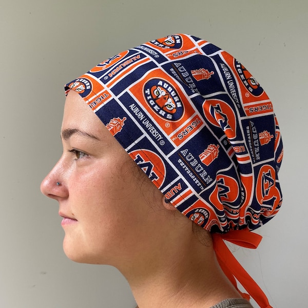 Scrub Hat made with University of Auburn Tigers Fabric,Auburn University Scrub Cap, Adjustable Auburn Scrub Cap, one size fits all Ties Back