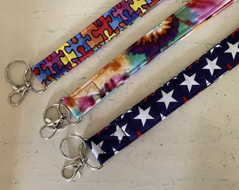 Tie Dye Lanyard, Autism Lanyard, USA Stars Lanyard, Puzzle Pieces Fabric Lanyard, Tie Dye Fabric Lanyards, USA stars Lanyard