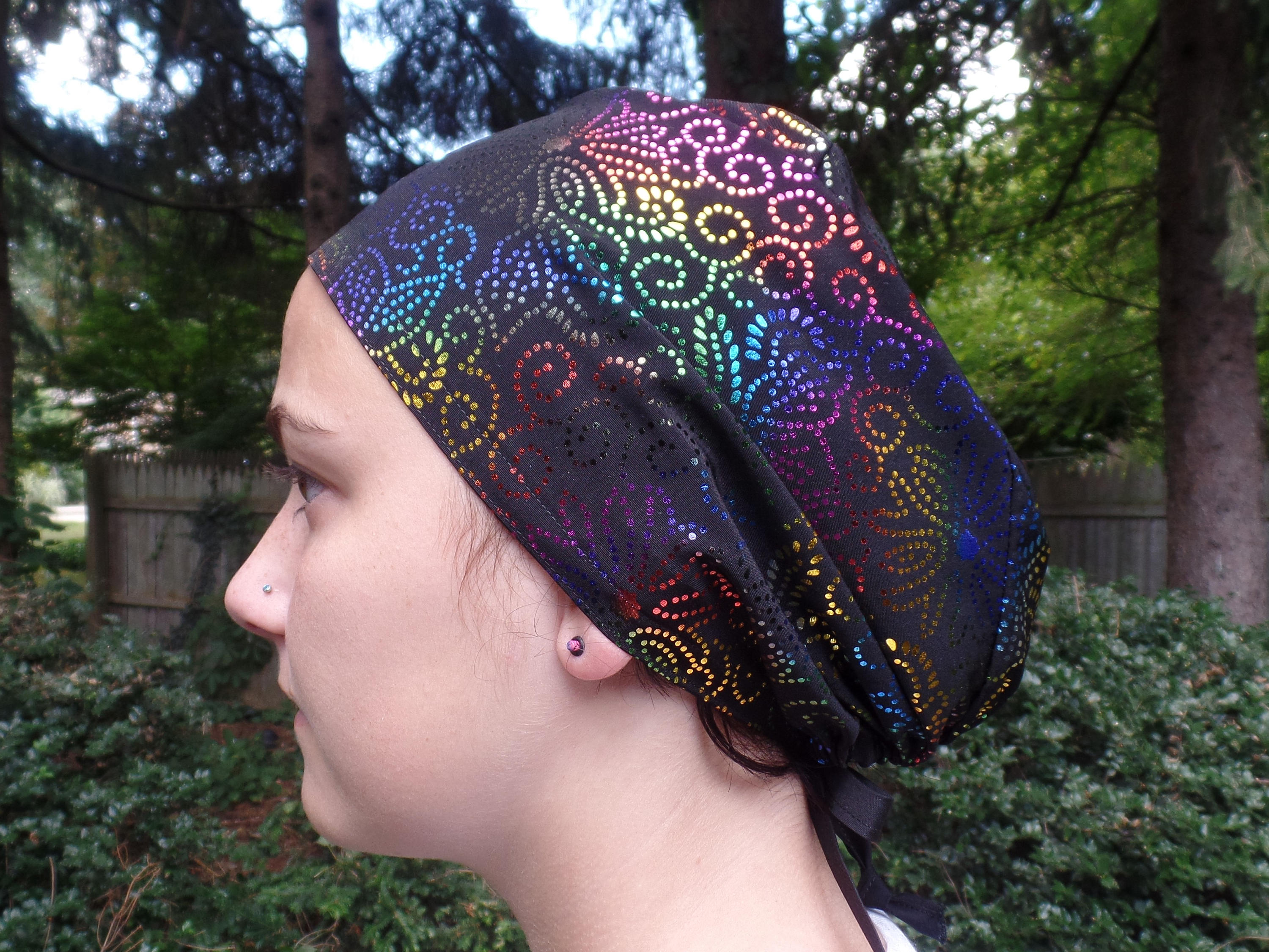 Iridescent Black Surgical Scrub Hat with Irredescent Pink, Green