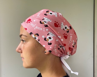 I Woof You Scrub Hat, Doggie Fabric Veterinarian Scrub Head, Puppy Scrubs One Size Fits All Surgical Scrub Hat with Adjustable Tie in Back