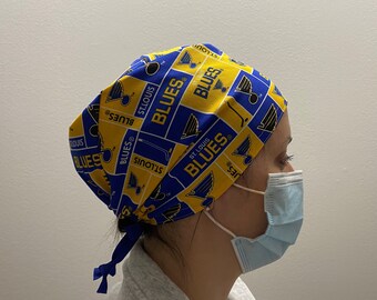 Scrub Hat made from NHL St Louis Blues Fabric, St Louis Badge Reel, St Louis Blues Hockey One Size Fits All Adjustable Tie in Back