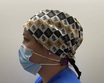 Scrub hat made with Wake Forest University Fabric, Wake Forest Chapstick Keychain, Deacons Badge Reel, Unisex One Size Fits All Tie