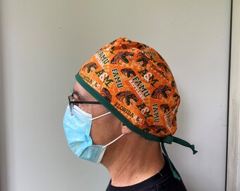 Surgeon Scrub cap made with Florida A & M Fabric, Rattlers Surgeon Scrub cap, FAMU Rattlers Surgical Scrub Cap, one size ties in back