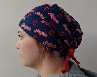 Surgical Scrub Hat made from Cleveland Indians MLB Fabric, Indians Unisex One Size Fits All Adjustable Tie in Back